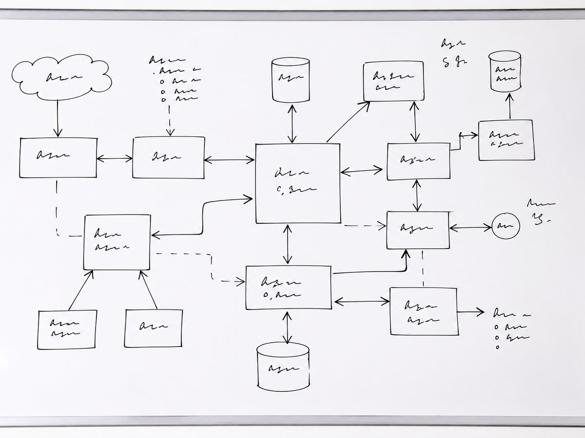 Whiteboard mit einer Systemskizze aus Kästen und Pfeilen